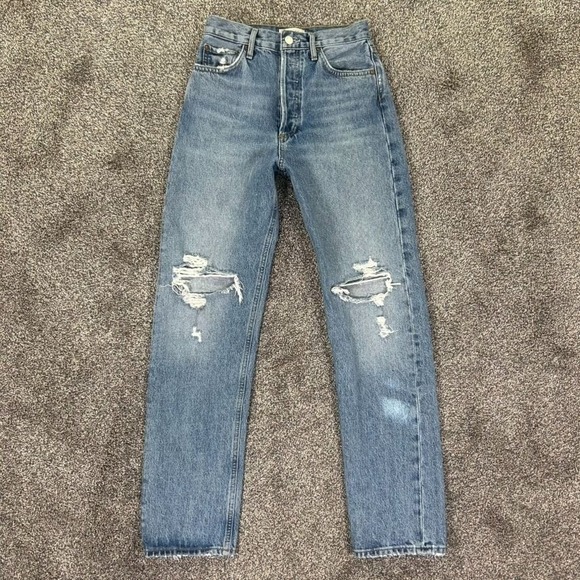 Agolde 90s Pinch High Rise‎ Straight Distressed Denim Jeans Women 24 Button Fly